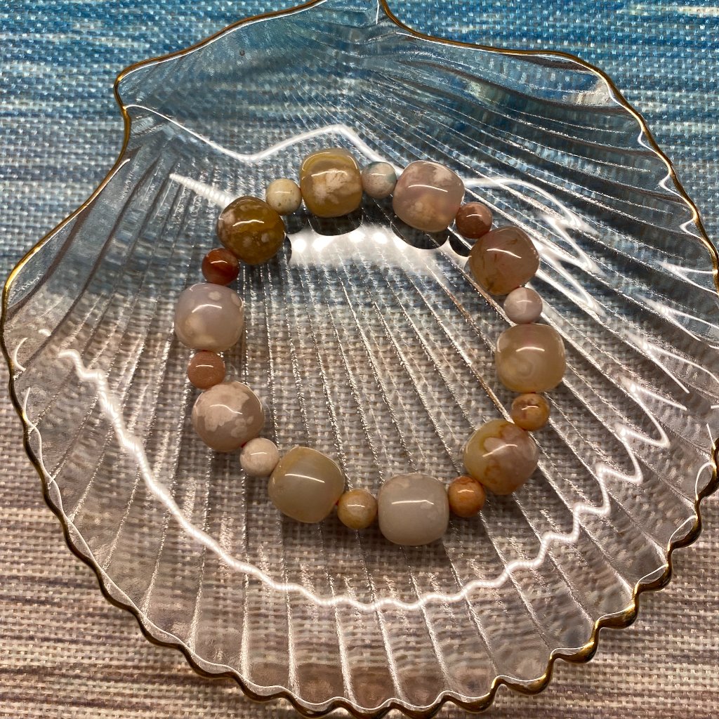 M127 High Grade Off-Round Square Unique Sakura Agate 13mm Bead Bracelet